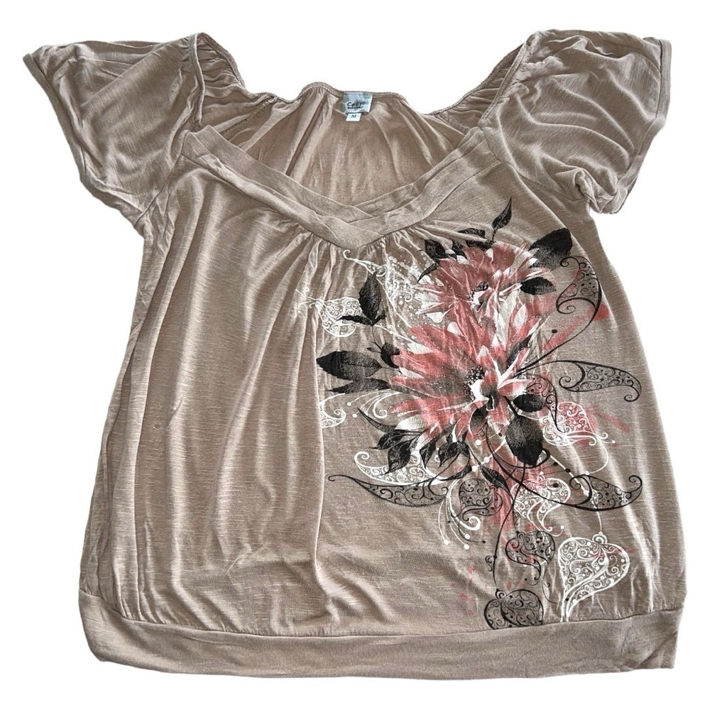 Cozy Maternity Tan Metallic Pink Floral Flower Shirt Blouse Top Women’s Medium